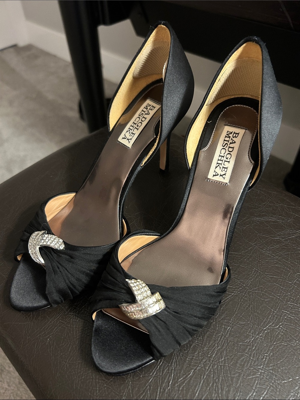 Badgley Mischka Black Satin Peep-Toe Heels with Crystal Knot